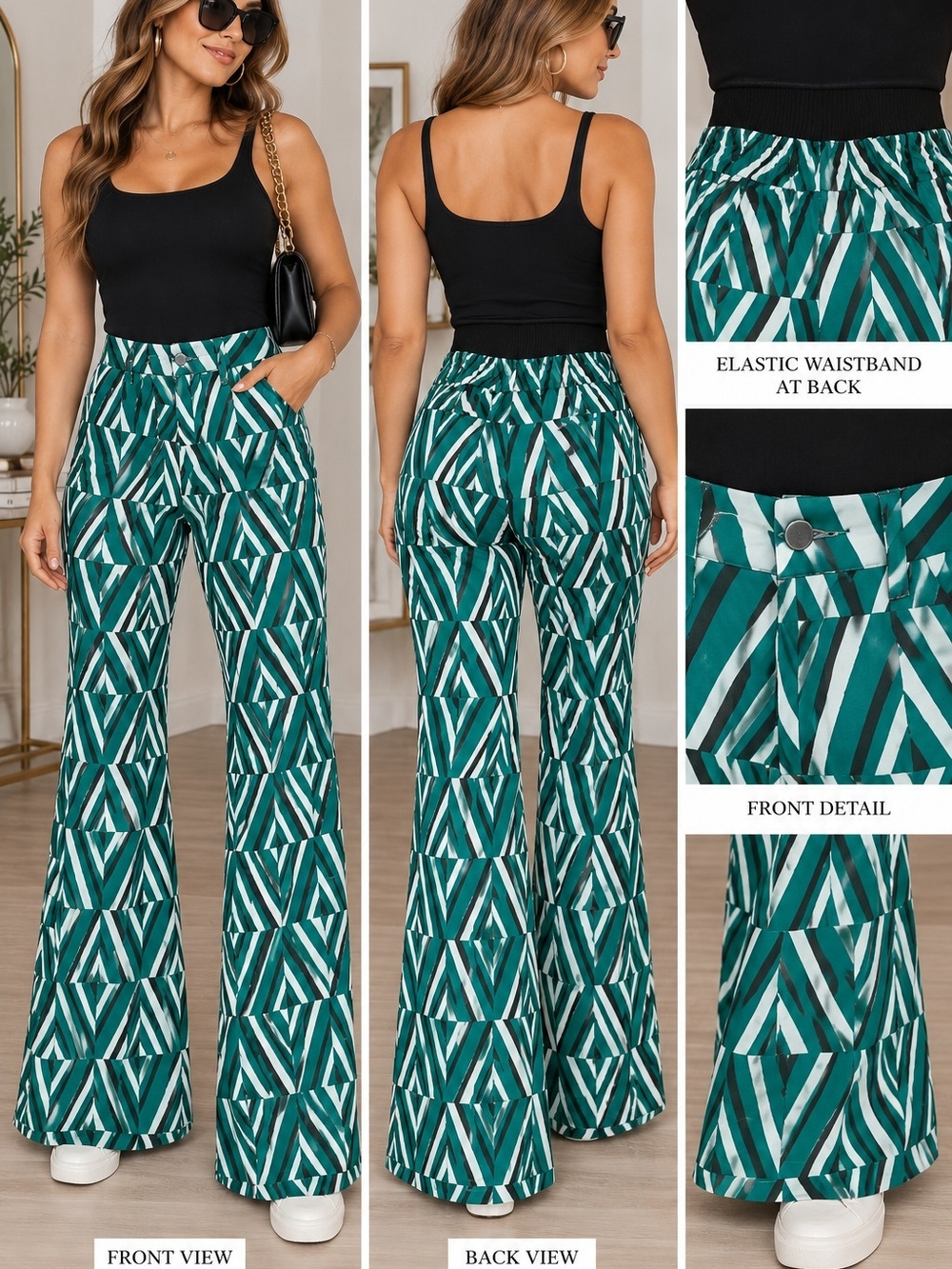 Like an Angel Women’s L Green Geometric Print Flare Pants Wide Leg Stretch Waist